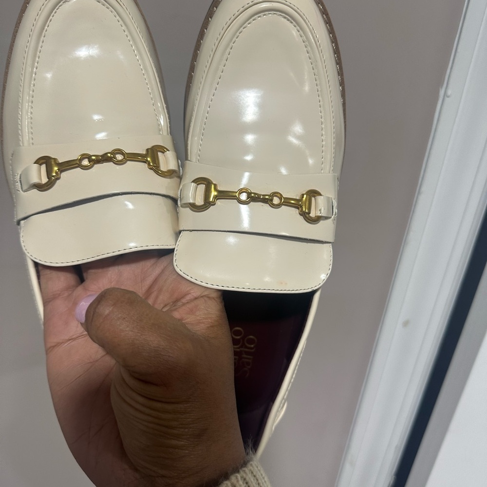 Franco Sarto Cream Loafers with Gold Accents